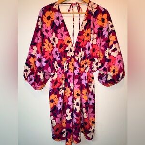 Floral V-Neck Mini Dress - Multicolor